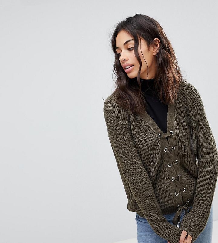 Brave Soul Petite Dice Lace Up Sweater - Green