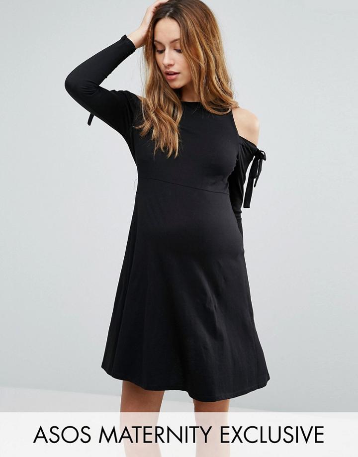 Asos Maternity Cold Shoulder Long Sleeve Dress With Tie Detail - Black