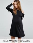 Asos Maternity Cold Shoulder Long Sleeve Dress With Tie Detail - Black