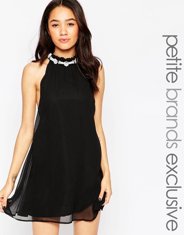 True Decadence Petite High Neck Swing Dress With Embellished Neck - Black