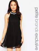 True Decadence Petite High Neck Swing Dress With Embellished Neck - Black