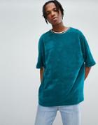 Mennace Velour T-shirt With Dropped Shoulder In Green - Green