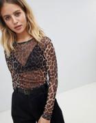 Daisy Street Shrunken Long Sleeve Top In Leopard Mesh Print - Brown