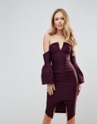 Vesper Bardot Bell Sleeve Pencil Dress - Purple