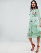 Asos Premium Midi Skater Dress With Floral Embroidery - Green