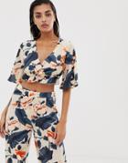 Prettylittlething Ruffle Hem Beach Crop Top Two-piece In Floral - Multi