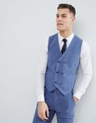 Asos Design Wedding Skinny Suit Vest In Provence Blue Cross Hatch With Printed Lining - Blue