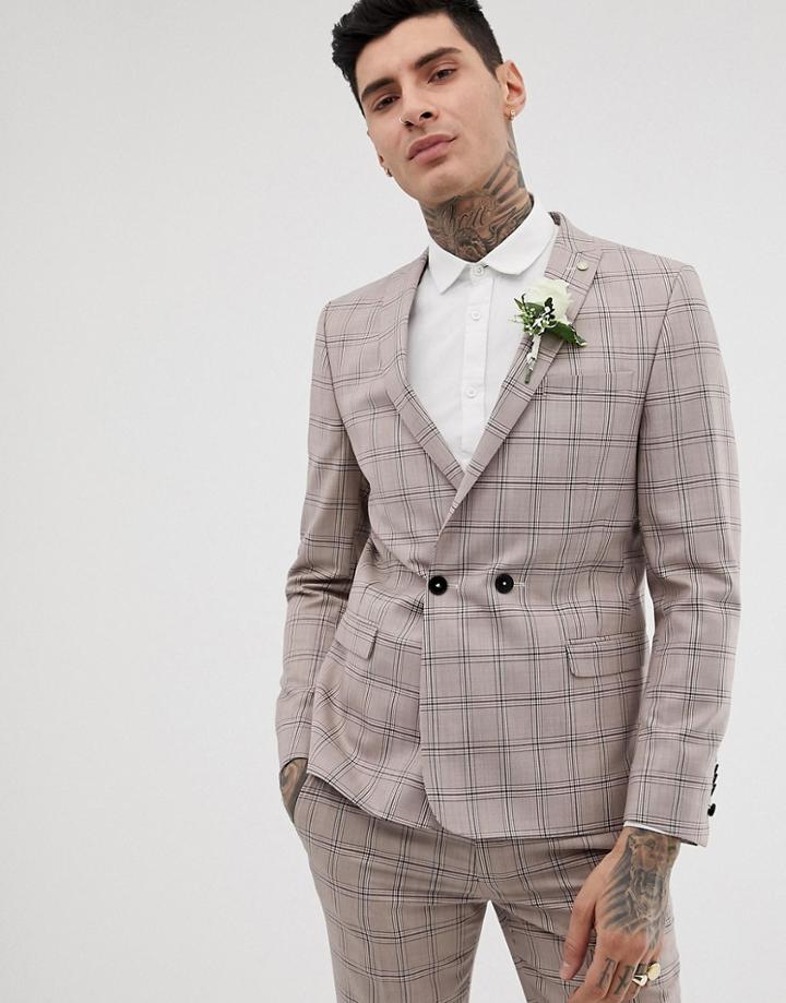 Twisted Tailor Super Skinny Double Breasted Suit Jacket In Mini Check - Beige