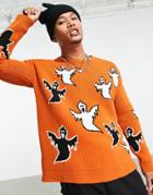 Asos Design Knitted Halloween Sweater With Ghosts-orange