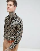 Twisted Tailor Skinny Fit Shirt In Velvet With Baroque Print - Black