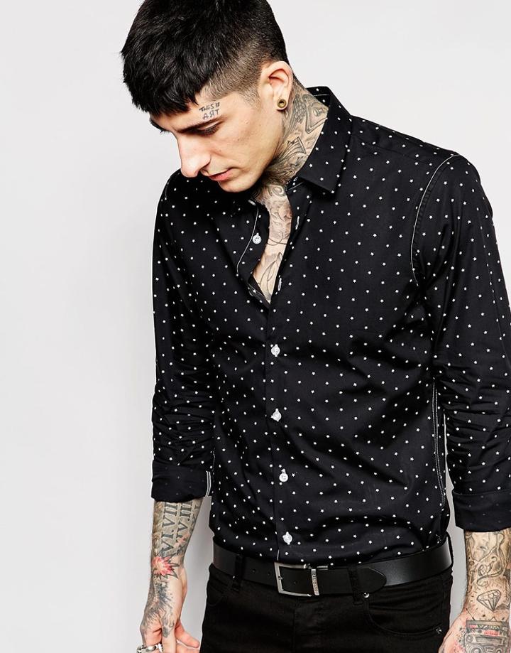Devil's Advocate Tonal Embroidered Star Slim Fit Shirt - Black