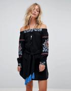 Rd & Koko Off The Shoulder Dress With Embroidery And Tassle Detailing - Black