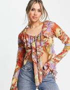 Jaded London Frilly Mesh Blouse With Lace Up Front In Multi
