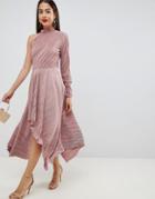 Asos Design Asymmetric One Sleeve Plisse Dress - Pink