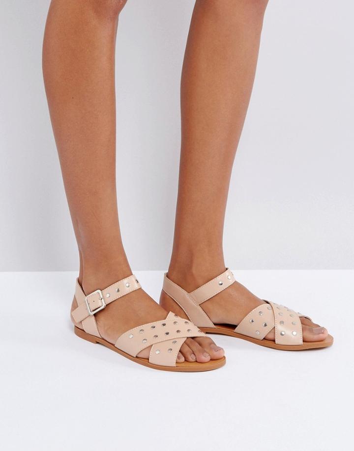 London Rebel Stud Flat Sandal - Beige