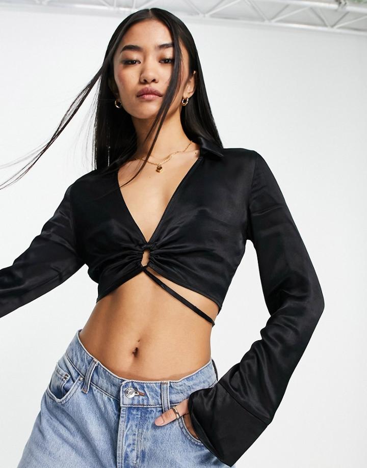 Pull & Bear Cropped Keyhole Wrap Around Satin Blouse In Black