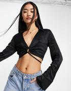 Pull & Bear Cropped Keyhole Wrap Around Satin Blouse In Black