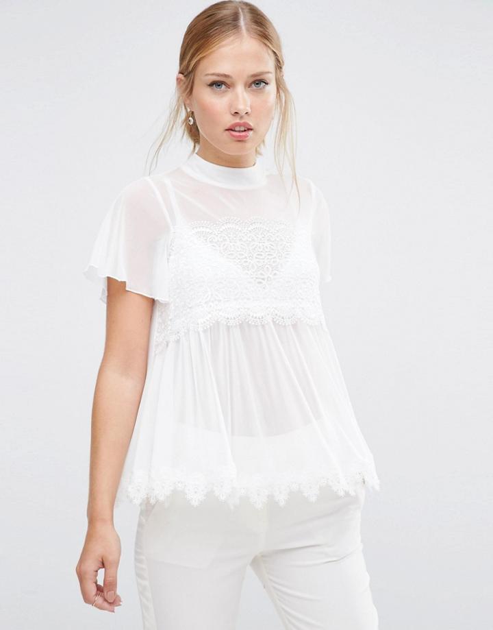 Asos Top In Mesh And Lace Mix With Short Sleeve - Cream