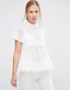Asos Top In Mesh And Lace Mix With Short Sleeve - Cream