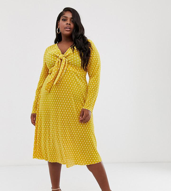 Asos Design Curve Exclusive Plisse Midi Dress With Bunny Ties In Polka Dot - Multi