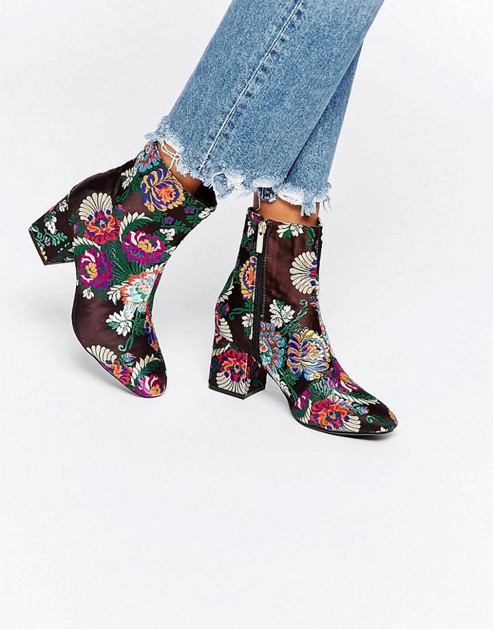 Daisy Street Embroidered Heeled Ankle Boots - Black Floral