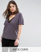 Asos Curve T-shirt With High Neck Ravage Plunge With Lace Insert In Wash - Gray