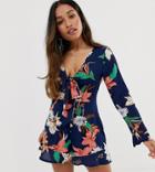 Parisian Petite Knot Front Romper In Navy Floral Print - Navy