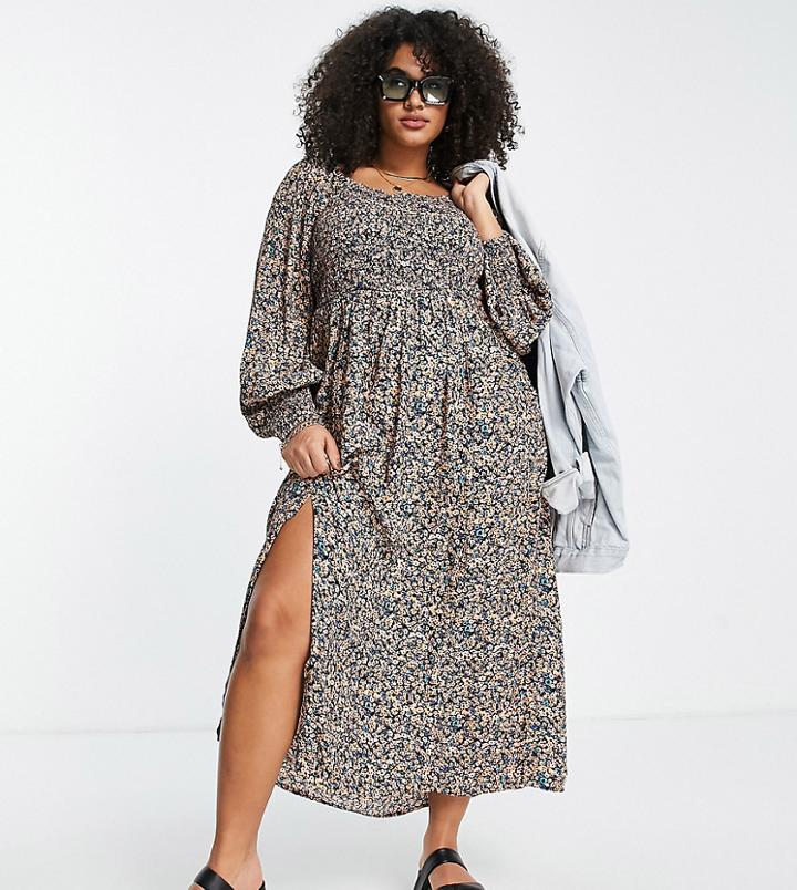 River Island Plus Ditsy Floral Shirred Midi Dress In Blue