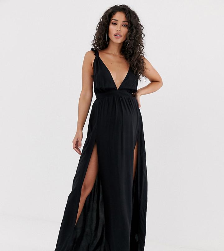 Asos Design Maternity Beach Maxi Dress With Frill Strap & Plunge Neck In Black