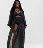 Asos Design Curve Recycled Long Sleeve Wrap Tie Chiffon Maxi Beach Kimono In Black