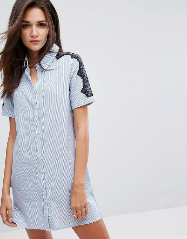 Influence Shirt Dress With Lace Trim - Blue