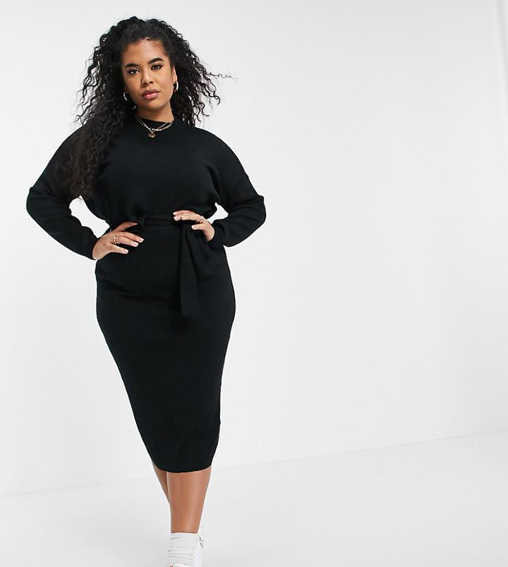 Missguided Plus Knit Midi Skirt With Tie Waist In Black