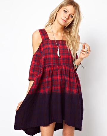 Asos Cold Shoulder Dress In Plaid With Dip Dye