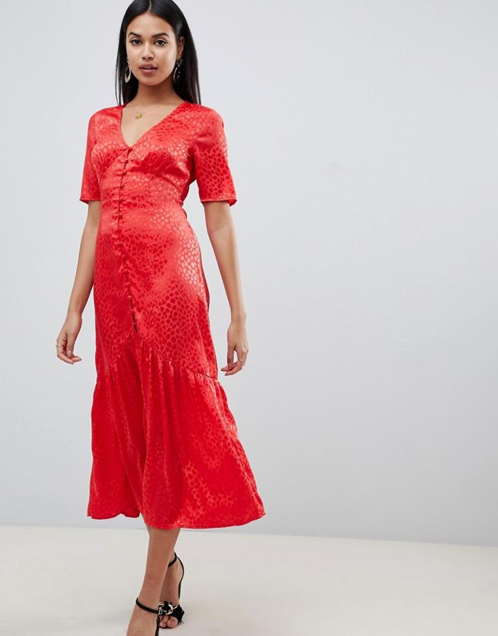 Asos Design Button Through Maxi Tea Dress In Jacquard - Red