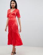 Asos Design Button Through Maxi Tea Dress In Jacquard - Red