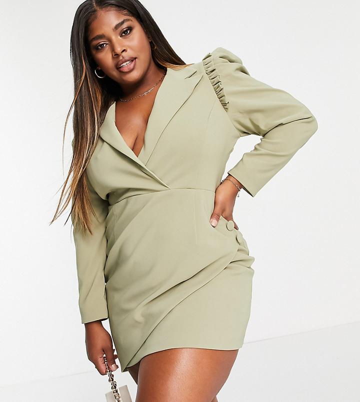 Lavish Alice Plus Puff Sleeve Asymmetric Wrap Blazer Dress In Pistachio-green