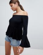 Boohoo Bardot Frill Top - Black