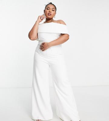 True Violet Plus Bridal Bardot Wide Leg Jumpsuit In Ivory-white
