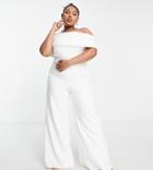 True Violet Plus Bridal Bardot Wide Leg Jumpsuit In Ivory-white