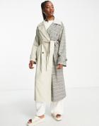 Asos Design Plaid Spliced Trench Coat In Stone-neutral