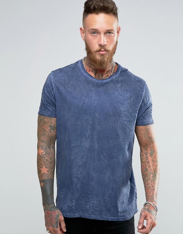 Asos Super Longline T-shirt With Curved Hem And Crinkle Wash - Navy