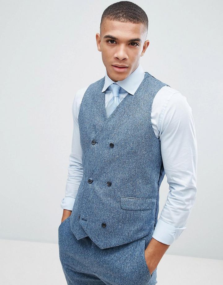 Asos Wedding Slim Suit Vest In 100% Silk Textured Blue - Blue