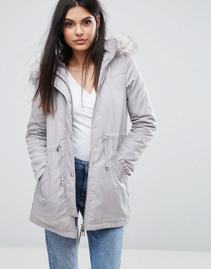 Lipsy Gray Parka Jacket With Fur And Frill Detail - Gray