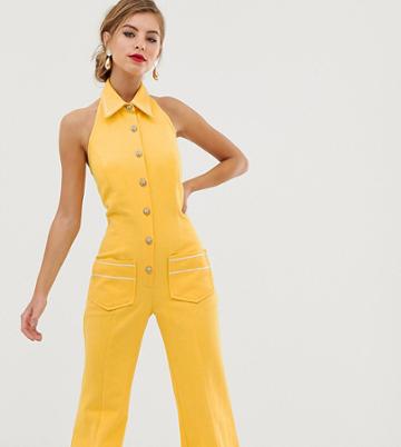 Dusty Daze Flared Button Front Retro Jumpsuit - Yellow