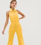 Dusty Daze Flared Button Front Retro Jumpsuit - Yellow