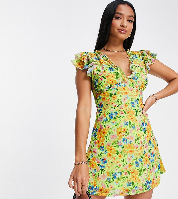 Asos Design Petite Mesh Mini Tea Dress With Frill Sleeve In Lime Floral-multi