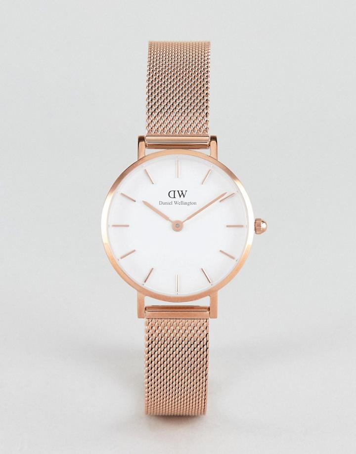 Daniel Wellington Petite Melrose Black Dial Mesh Watch In Rose Gold 28mm - Gold