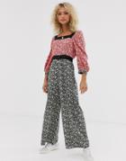 Asos Design Mixed Ditsy Floral Print Jumpsuit With Lace Trim - Multi
