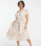 Ever New Curve Tie Waist One Shoulder Tea Dress In Blush Floral-pink