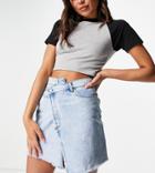 Reclaimed Vintage Inspired Denim Skirt With Cross Over Waistband In Sustainable Bleach Wash-blues